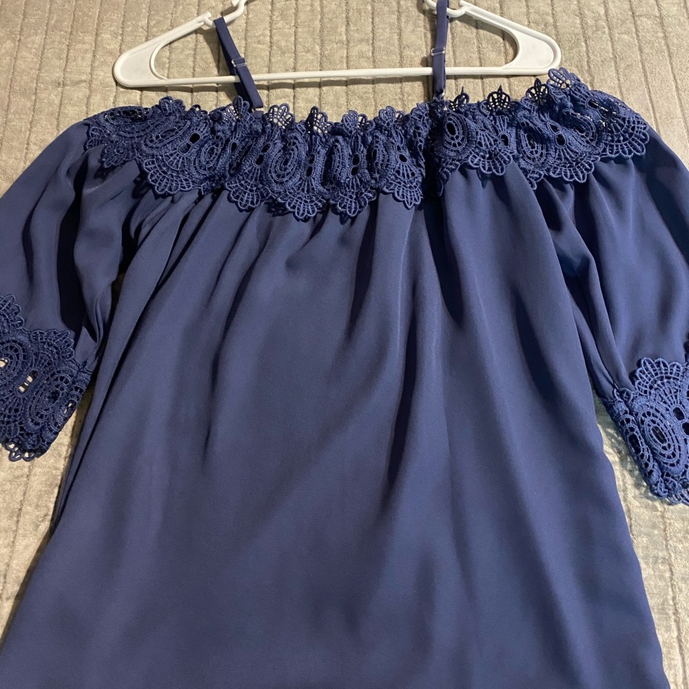 blue off the shoulder top with straps